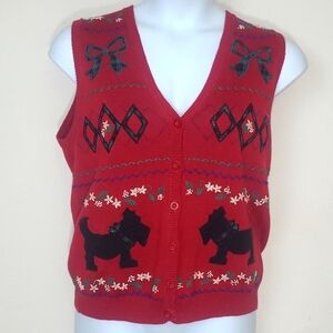 Vintage Alfred Dunner Red Christmas Sweater Vest S Embroidered Scottie Dog EUC